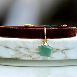 Natural Aventurine - Brown Velvet Cat Collar with Natural Aventurine Stone Charm, Safety kitten collar, Small dog collar, Luxe cat collar.