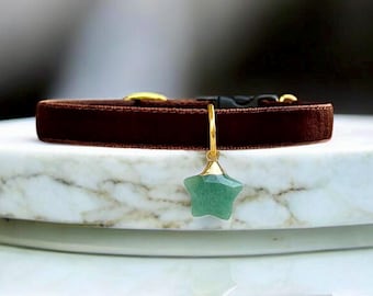 Natural Aventurine - Brown Velvet Cat Collar with Natural Aventurine Stone Charm, Safety kitten collar, Small dog collar, Luxe cat collar.