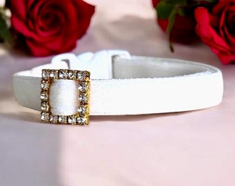 Comfort Collar - White velvet rhinestone cat collar, Velvet kitten collar, Breakaway cat collar, Soft plush white glamour cat collar.