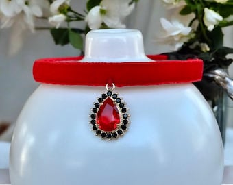 Ruby Enchantress - Red velvet cat collar with rhinestone charm pendant, Velvet cat collar, Small dog collar, Luxurious safety pet collar.
