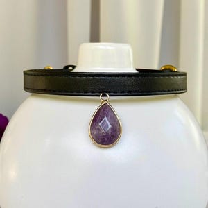 Natural Amethyst - Black Vegan Leather Cat Collar with Natural Amethyst Stone Charm, Safety Kitten Collar, Chic Enchantment Pet Collar