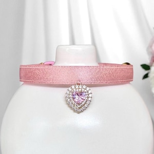 Princess Sweetheart - Pink satin cat collar with pink rhinestone heart charm, Breakaway cat collar, Kitten collar, Luxurious pet collar.