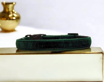 Evergreen Luxe Velvet Cat Collar, Velvet kitten collar, Small dog collar, Breakaway pet collar, Posh plush dark green velvet cat collar.