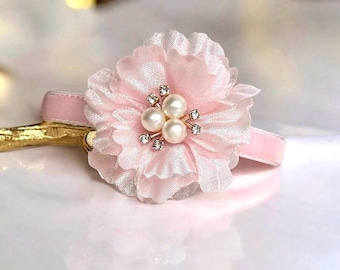 Pink Blossom - Pink velvet cat collar with pink  detachable flower, Small dog collar, Breakaway cat collar, luxurious velvet cat collar.