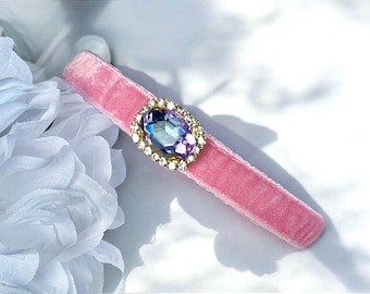 Candy Dream Cat Collar- Pink velvet rainbow rhinestone pet collar, small dog collar, Breakaway kitten collar, Soft plush cat collar.