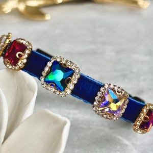 Aurora Mystique - Blue velvet pet collar with AB rhinestones, Velvet kitten collar, Small dog collar, Breakaway cat collar, Luxe cat collar.
