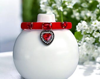 Ruby Romance Red Velvet Rhinestone Heart Charm Cat Collar, Breakaway cat collar, Small dog collar, Kitten collar, Luxe lush red pet collar.