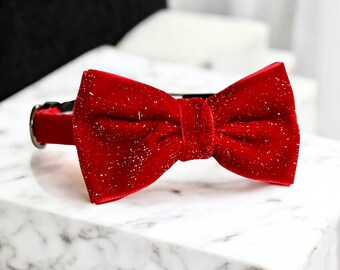 Cherry Twilight Bow Tie Cat Collar, Small dog collar, Red velvet cat collar, Metallic bow tie Kitten collar, Safety pet collar.