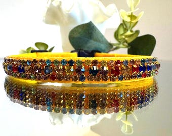 Breakaway Velvet Cat Collar, Rhinestone Cat Collar, Kitten Collar, Small Dog Collar, Safety Pet Collar, Rainbow Rhinestone Yellow Pet Collar