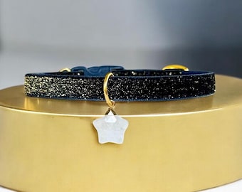 Natural Clear Quartz -  Shimmering Navy Velvet Cat Collar with Natural Clear Quartz Charm, Safety Kitten Collar, Starry Luxe Cat Collar.