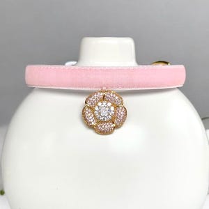 Sweet Bloom - Light pink velvet cat collar with 18k GP rhinestone charm, Breakaway kitten collar, Small dog collar, Luxurious cat collar.