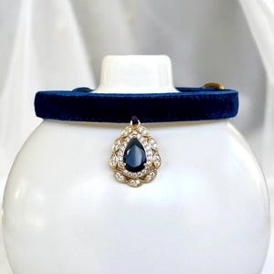 Sapphire Grace - Dark blue velvet cat collar with rhinestone charm pendant, Velvet kitten collar, Small dog collar, Luxurious cat collar.