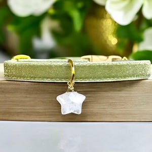 Natural Clear Quartz -  Shimmering Green Velvet Cat Collar with Natural Clear Quartz Charm, Safety Kitten Collar, Secret Shimmer Cat Collar.