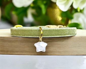 Natural Clear Quartz -  Shimmering Green Velvet Cat Collar with Natural Clear Quartz Charm, Safety Kitten Collar, Secret Shimmer Cat Collar.