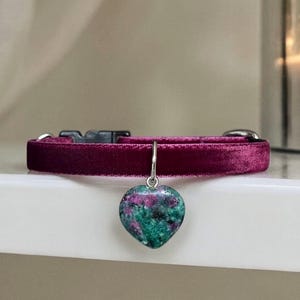 Natural Ruby Zoisite - Deep Mulberry Velvet Cat Collar with Ruby Zoisite Heart Charm, Breakaway Safety Pet Collar, Heartspell Elegance.