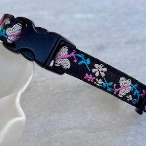 Cat Collar - Black, Pink and Blue Embroidered Breakaway Cat Collar, Small Dog Collar, Kitten Collar, Fancy Pet Collar, Floral Collar.