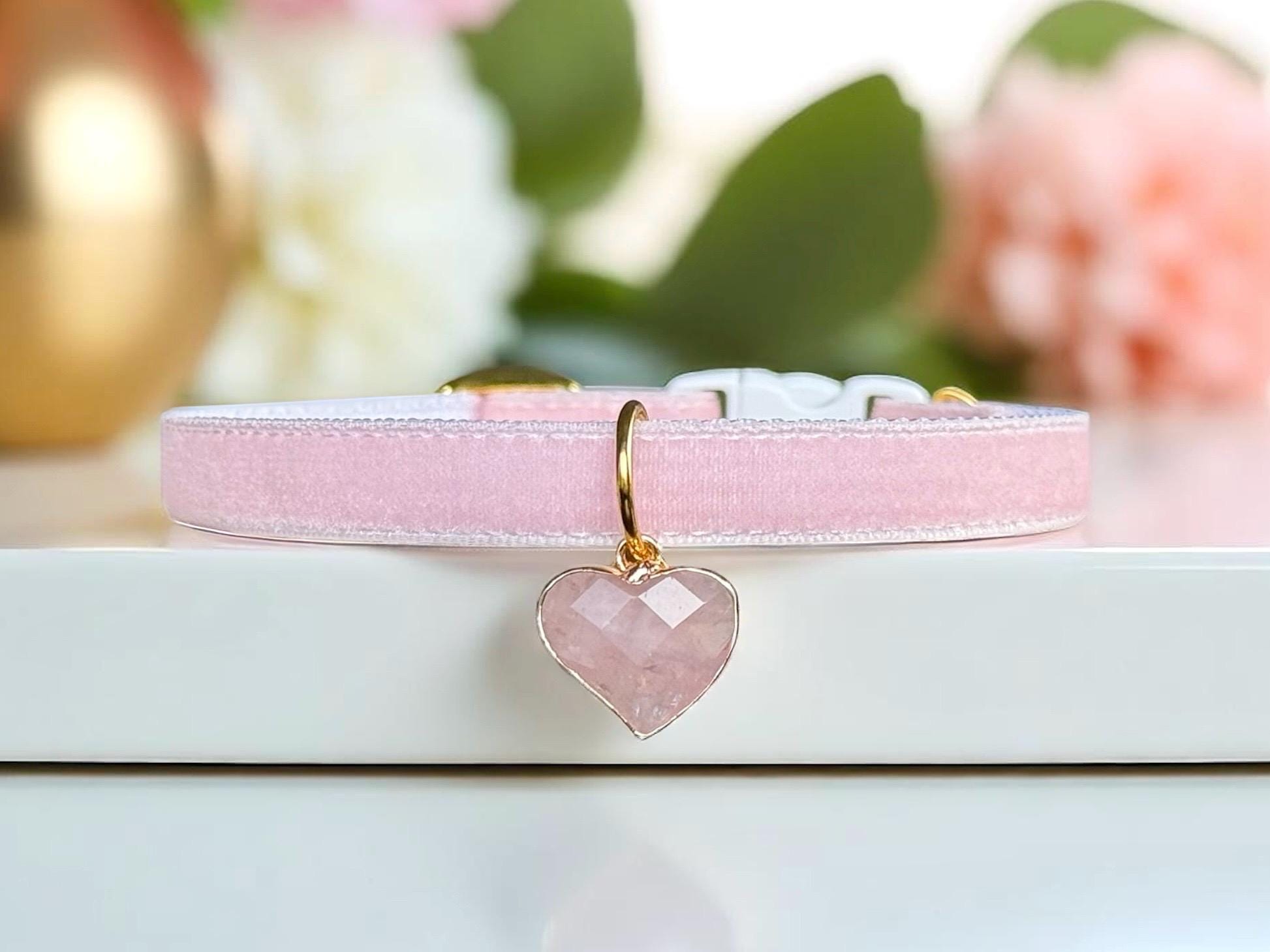 Natural Rose Quartz - Light Pink Velvet Cat Collar with Natural Rose Quartz Charm, Breakaway Kitten Collar, Luxurious Rosy Glow Pet Collar.