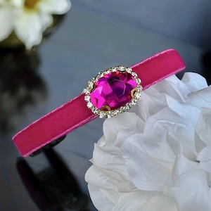 Fuchsia Allure - Fuchsia velvet Rhinestone Pet Collar, Breakaway safety cat collar, Soft velvet kitten collar, Luxe velvet cat collar.