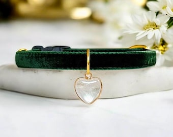 Natural Clear Quartz - Dark Green Velvet Cat Collar with Natural Clear Quartz Charm, Safety Kitten Collar, Tranquil Forest Luxe Cat Collar.