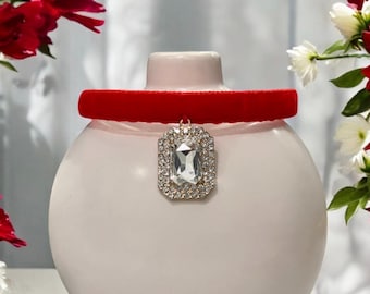 Velvet Empress - Red Velvet Cat Collar with rhinestone pendant, Velvet cat collar, Small dog collar, Luxurious  Breakaway pet collar.