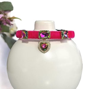 Radiant Heart - Fuchsia Velvet Rainbow Rhinestone Cat Collar with heart charm, Small dog collar, Kitten collar, Luxury pet collar.