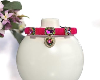 Radiant Heart - Fuchsia Velvet Rainbow Rhinestone Cat Collar with heart charm, Small dog collar, Kitten collar, Luxury pet collar.