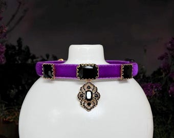 Dark Enchantress - Purple velvet rhinestone cat collar, Breakaway cat collar, Small dog collar, Kitten collar,  Wickedly chic pet collar.