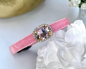 Pink Opulence - Pink velvet Rhinestone Pet Collar, Breakaway safety cat collar, Velvet kitten collar,  Luxe pink velvet pet collar.