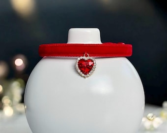 Red Velvet Romance - Red velvet cat collar with rhinestone heart Charm - Breakaway cat collar, Kitten collar,  Ruby red pet collar.