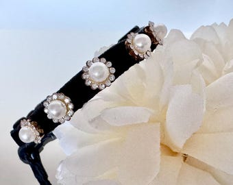 Cat Collar - Elegant Black Velvet Cat Collar with Pearls, Small Dog Collar, Kitten Collar, Velvet Pet Collar.