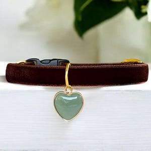 Natural Aventurine - Brown Velvet Cat Collar with Natural Aventurine Stone Heart Charm, Safety Kitten Collar, Woodland Love Glow Cat Collar.