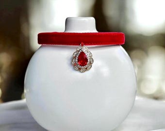 Ruby Elegance - Rich Red velvet cat collar with rhinestone charm pendant, Velvet kitten collar, Small dog collar, Luxurious cat collar.