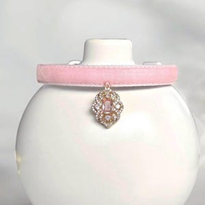 Timeless Grace - Pink Velvet Cat Collar with pink rhinestone charm - Breakaway cat collar, Kitten collar, Luxurious pink velvet pet collar.