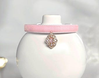 Timeless Grace - Pink Velvet Cat Collar with pink rhinestone charm - Breakaway cat collar, Kitten collar, Luxurious pink velvet pet collar.