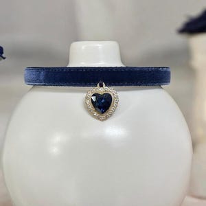 Sapphire Elegance - Velvet Cat Collar with rhinestone heart Charm - Breakaway cat collar, Kitten collar, Luxe navy blue velvet pet collar.