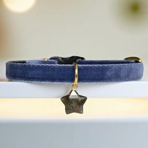 Natural Labradorite - Slate Blue Velvet Cat Collar with Natural Labradorite Star Charm, Breakaway Kitten Collar, Starlit Chic Pet Collar.