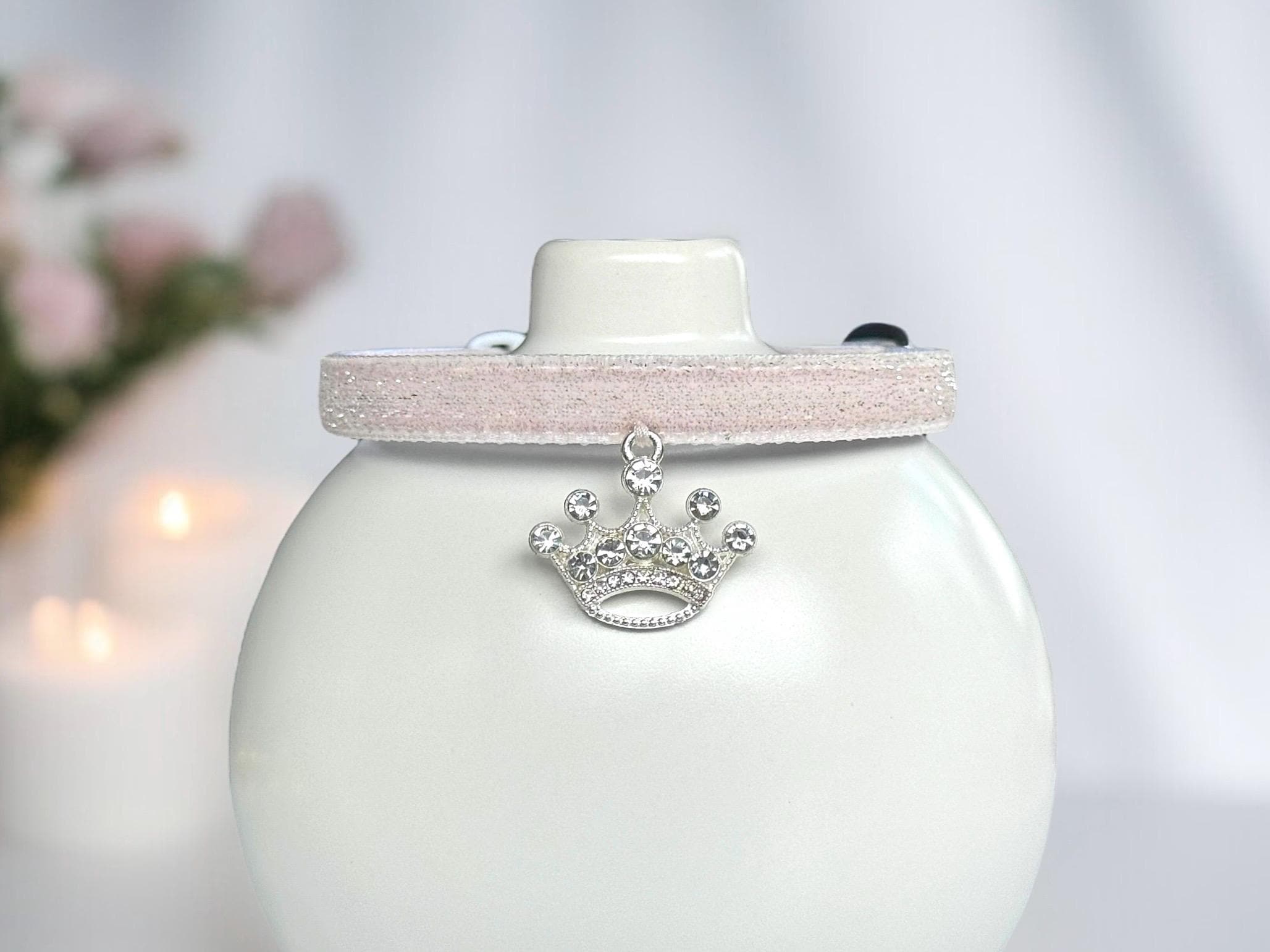 Shimmering Pink Princess - Light pink velvet cat collar with rhinestone crown charm, Velvet cat collar, Small dog collar, Luxe pet collar.