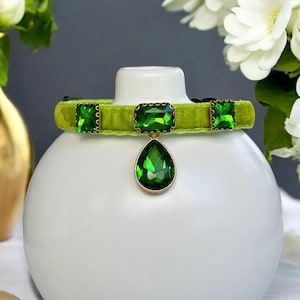 Green Envy - Velvet Breakaway Cat Collar, Charm pet collar, Small dog collar, Kitten collar, Safety collar, Green rhinestone cat collar.