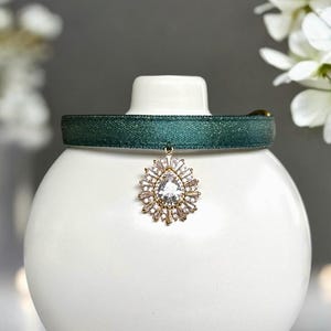 Forest Frost - Dark Green Satin Cat Collar with 18K-GP Rhinestone Charm, Safety kitten collar, Small dog collar, Luxurious cat collar.