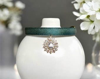 Crystal Forest - Dark Green Satin Cat Collar with 18K-GP Rhinestone Charm, Safety kitten collar, Small dog collar, Luxurious cat collar.