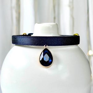 Nightshine - Deep Navy Blue Satin Cat Collar with Rhinestone Charm, Safety kitten collar, Small dog collar, Luxurious sapphire cat collar.