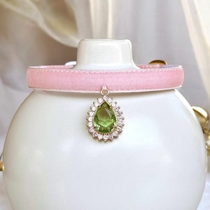 Peridot Kiss - Light pink velvet cat collar with rhinestone charm pendant, Velvet kitten collar, Small dog collar, Luxurious cat collar.