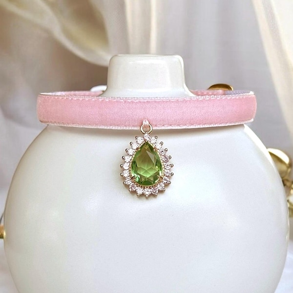 Peridot Kiss - Light pink velvet cat collar with rhinestone charm pendant, Velvet kitten collar, Small dog collar, Luxurious cat collar.