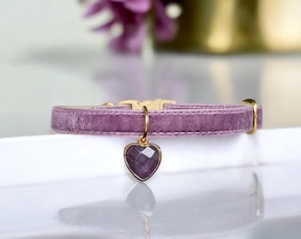 Natural Aura - Purple velvet cat collar with Natural Amethyst agate stone Charm, Safety kitten collar, Small dog collar, Luxe cat collar.
