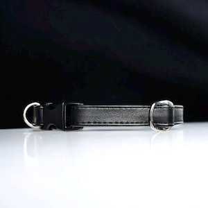 Peut inclure: Un collier de chien en cuir noir avec une boucle argentée et deux anneaux argentés.