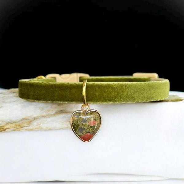 Natural Unakite - Olive Green Velvet Cat Collar with Natural Unakite Heart Charm, Breakaway Kitten Collar, Earthy Elegance Pet Collar.