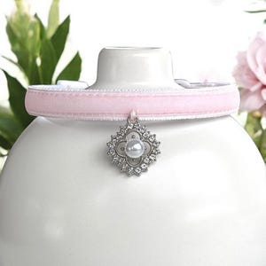 Timeless Elegance - Velvet Cat Collar with Rhinestone and Pearl Charm, Breakaway cat collar, Kitten collar, Luxe pink velvet pet collar.