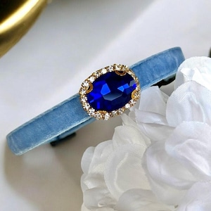 Sapphire Serenade- Light blue velvet Rhinestone Pet Collar, Breakaway safety cat collar, Soft velvet kitten collar,  Luxe velvet cat collar.