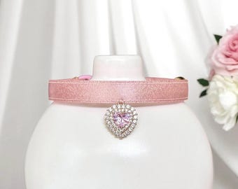 Princess Sweetheart - Pink satin cat collar with pink rhinestone heart charm, Breakaway cat collar, Kitten collar, Luxurious pet collar.