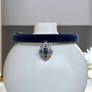 Moonlit Sapphire - Velvet Cat Collar with blue rhinestone Charm - Breakaway cat collar, Kitten collar, Lush navy blue velvet pet collar.